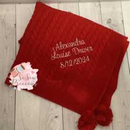 Personalised Baby Blanket, Embroidered, Cable Knit With Pom Poms , Personalized Baby Gift, Red - thumbnail 3