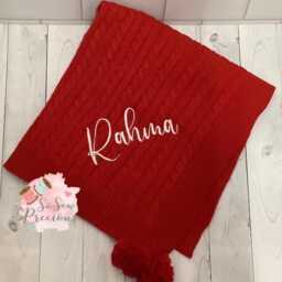 Personalised Baby Blanket, Embroidered, Cable Knit With Pom Poms , Personalized Baby Gift, Red - thumbnail 2