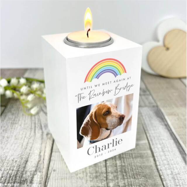Personalised Pet Memorial White Tea Light Holder - Rainbow Bridge Photo Keepsake - image 1