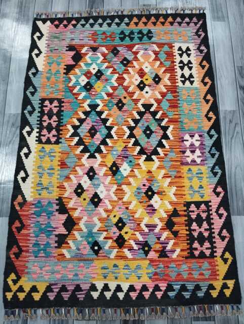 Multicolour Rug, Handmade Artisan Afghan Turkish Scandinavian Navajo Bohemian Flatweave Wool Kilim 149x101 cm - image 1
