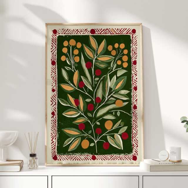 Scandinavian Folk Botanical Print, Green Citrus Wall Art, Red Border Poster, Kitchen & Dining Room Decor, Rustic Modern - image 1
