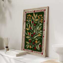 Scandinavian Folk Botanical Print, Green Citrus Wall Art, Red Border Poster, Kitchen & Dining Room Decor, Rustic Modern - thumbnail 3