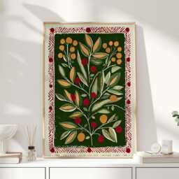 Scandinavian Folk Botanical Print, Green Citrus Wall Art, Red Border Poster, Kitchen & Dining Room Decor, Rustic Modern - thumbnail 1