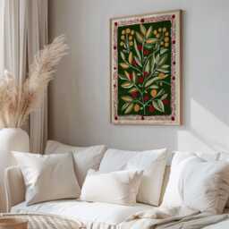 Scandinavian Folk Botanical Print, Green Citrus Wall Art, Red Border Poster, Kitchen & Dining Room Decor, Rustic Modern - thumbnail 2