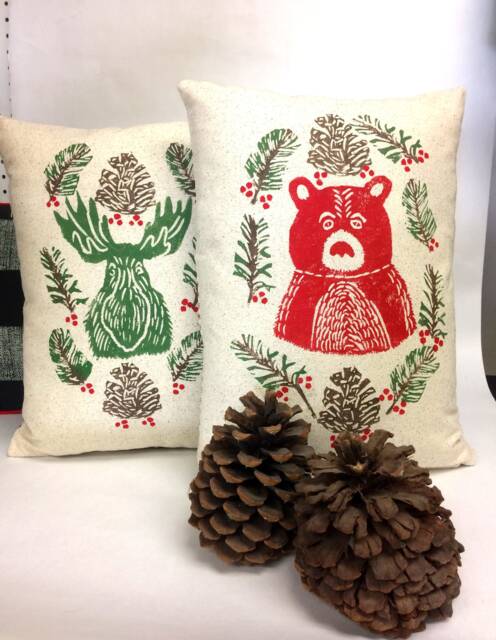 Christmas Moose Or Bear Pillow Hand Printed Woodland Decoration - image 1