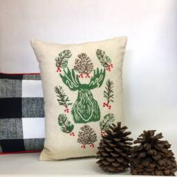Christmas Moose Or Bear Pillow Hand Printed Woodland Decoration - thumbnail 3