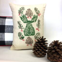 Christmas Moose Or Bear Pillow Hand Printed Woodland Decoration - thumbnail 2