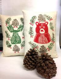 Christmas Moose Or Bear Pillow Hand Printed Woodland Decoration