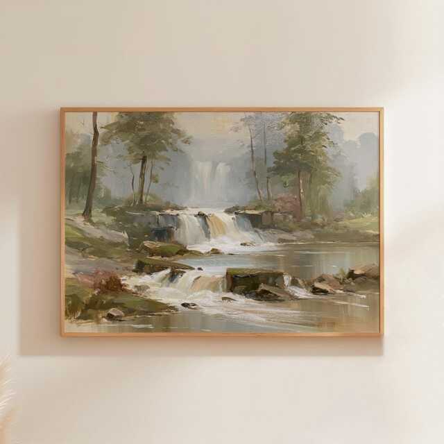 Forest Waterfall Poster, Green Landscape Print, Nature Wall Art, Paper - image 1