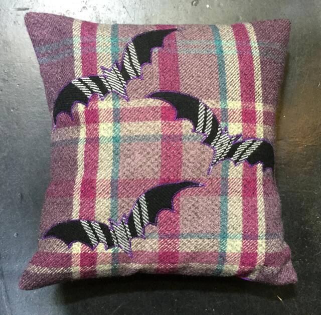 Handmade Halloween Bat Pillow, Purple Tartan Wool Cushion, Scottish Gift - image 1