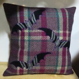 Handmade Halloween Bat Pillow, Purple Tartan Wool Cushion, Scottish Gift - thumbnail 2