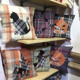 Handmade Halloween Bat Pillow, Purple Tartan Wool Cushion, Scottish Gift - thumbnail 4
