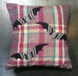 Handmade Halloween Bat Pillow, Purple Tartan Wool Cushion, Scottish Gift - thumbnail 1