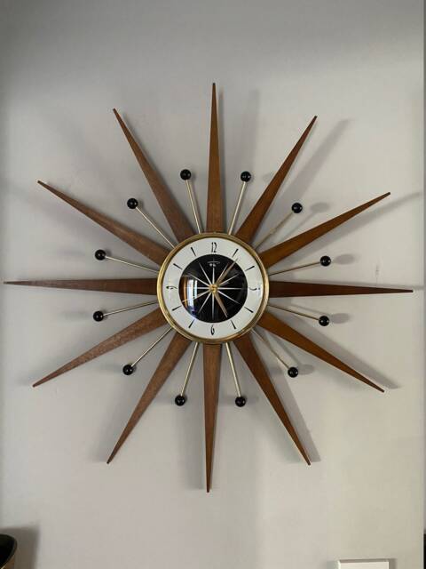 Handmade Mid Century Starburst Clock Teak Rays, Black & Goldtone - 27 Inch - image 1