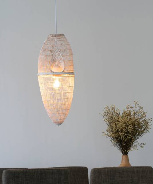 Whitewashed Bamboo Pendant Light - Woven Basket Lamp, Boho Rustic Decor - image 1