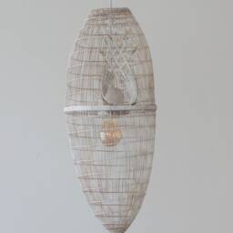 Whitewashed Bamboo Pendant Light - Woven Basket Lamp, Boho Rustic Decor - thumbnail 3