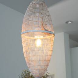 Whitewashed Bamboo Pendant Light - Woven Basket Lamp, Boho Rustic Decor - thumbnail 2