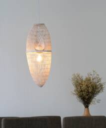 Whitewashed Bamboo Pendant Light - Woven Basket Lamp, Boho Rustic Decor - thumbnail 1