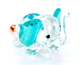 Hand Blown Glass Miniature Elephant Little Animal Transparent Blue Flower Figurine Statue Decoration Collectible Small Craft Painted Figure