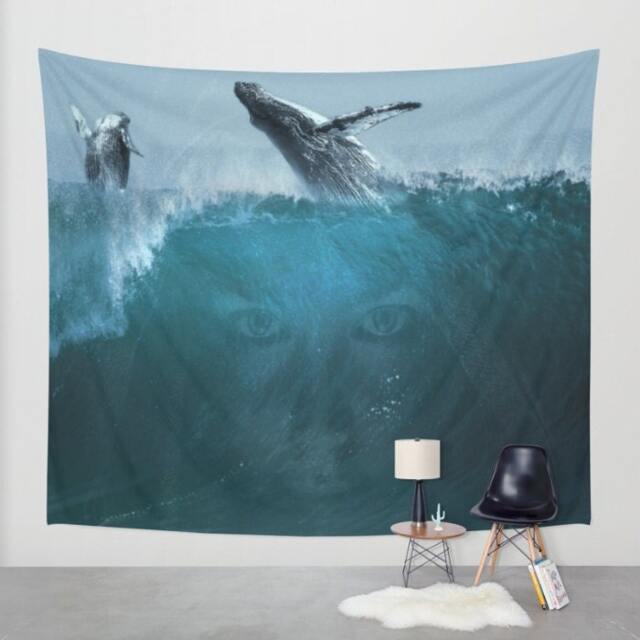 Whales & The Ocean Wall Tapestry, Fantasy Seascape Decor , Ocean Wall Tapestry, Digital Art - image 1