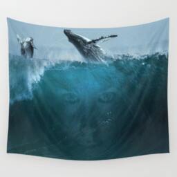 Whales & The Ocean Wall Tapestry, Fantasy Seascape Decor , Ocean Wall Tapestry, Digital Art - thumbnail 3