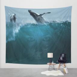 Whales & The Ocean Wall Tapestry, Fantasy Seascape Decor , Ocean Wall Tapestry, Digital Art - thumbnail 1