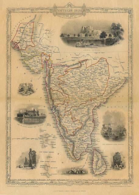 Old Map Of India 1851 Southern India Indian Wall Decor Bombay Madras Decorative World Style Housewarming Gift Art - image 1