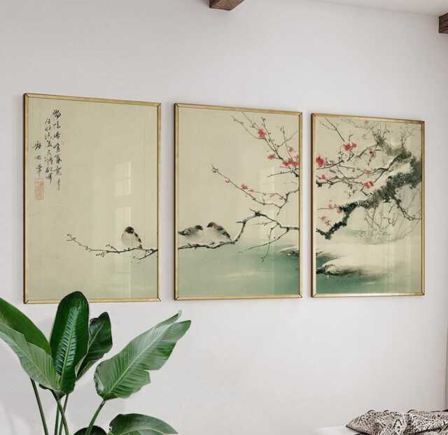 Plum Blossom Sparrows Prints Set Of 3, Japanese Ink Wash Wall Art Triptych Posters - image 1