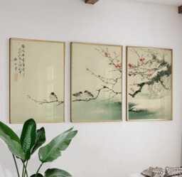 Plum Blossom Sparrows Prints Set Of 3, Japanese Ink Wash Wall Art Triptych Posters - thumbnail 1