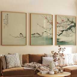 Plum Blossom Sparrows Prints Set Of 3, Japanese Ink Wash Wall Art Triptych Posters - thumbnail 3