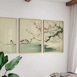 Plum Blossom Sparrows Prints Set Of 3, Japanese Ink Wash Wall Art Triptych Posters - thumbnail 2