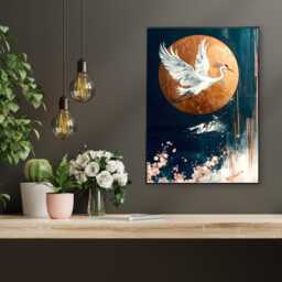 Japanese Crane Wall Art - Golden Moon & Cherry Blossom Print Elegant Oriental Decor Luxe Bird Artwork - thumbnail 2