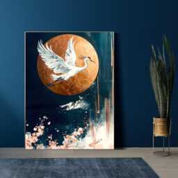 Japanese Crane Wall Art - Golden Moon & Cherry Blossom Print Elegant Oriental Decor Luxe Bird Artwork - thumbnail 1