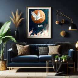 Japanese Crane Wall Art - Golden Moon & Cherry Blossom Print Elegant Oriental Decor Luxe Bird Artwork - thumbnail 3