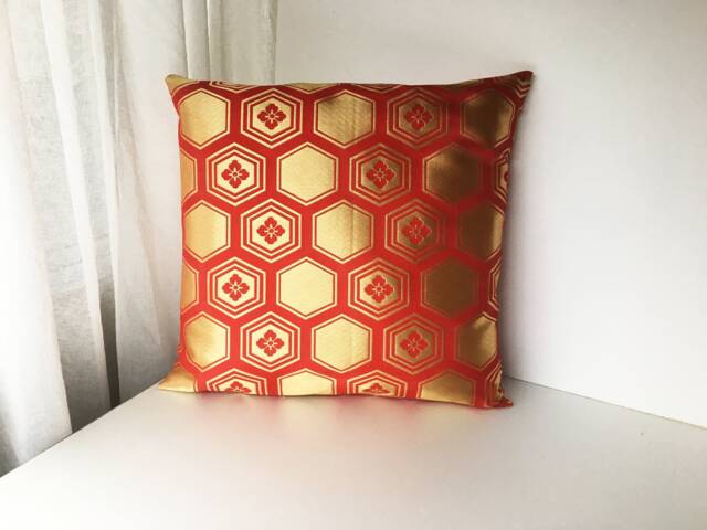 Red & Gold Decor Pillow Cover, Golden Red Brocade Case, Japanese Obi Brocade, Sofa Bedding, Japan Throw Case Kimono Cushion - image 1