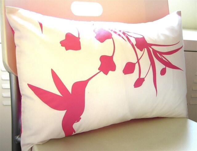 Hot Pink Print On Off White Cotton Hummingbird With Eucalyptus Rectangle Pillow - image 1