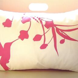 Hot Pink Print On Off White Cotton Hummingbird With Eucalyptus Rectangle Pillow - thumbnail 3