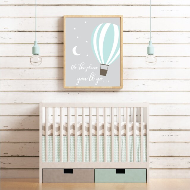 Hot Air Balloon Print Mint Green White Grey Nursery Children's Bedroom Decoration Unisex Baby Shower Gift Newborn Moon - image 1