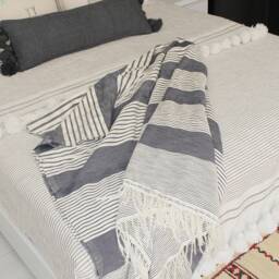Organic Cotton Throws- Hand-Woven in The Atlas Mountains - Charcoal & Cream - thumbnail 4