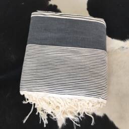 Organic Cotton Throws- Hand-Woven in The Atlas Mountains - Charcoal & Cream - thumbnail 2