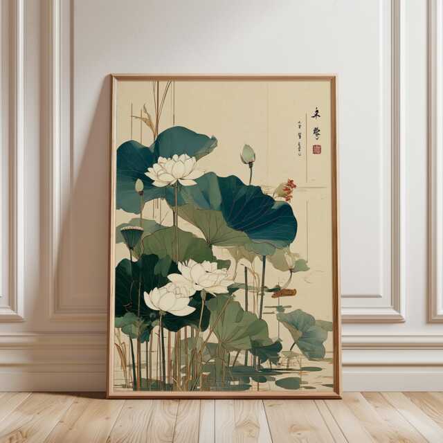 Japanese Lotus Flower Poster Green Beige Wall Art Botanical Illustration Print Serene Asian Nature Home Decor, Vintage - image 1
