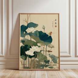 Japanese Lotus Flower Poster Green Beige Wall Art Botanical Illustration Print Serene Asian Nature Home Decor, Vintage - thumbnail 1