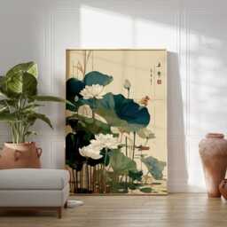 Japanese Lotus Flower Poster Green Beige Wall Art Botanical Illustration Print Serene Asian Nature Home Decor, Vintage - thumbnail 3