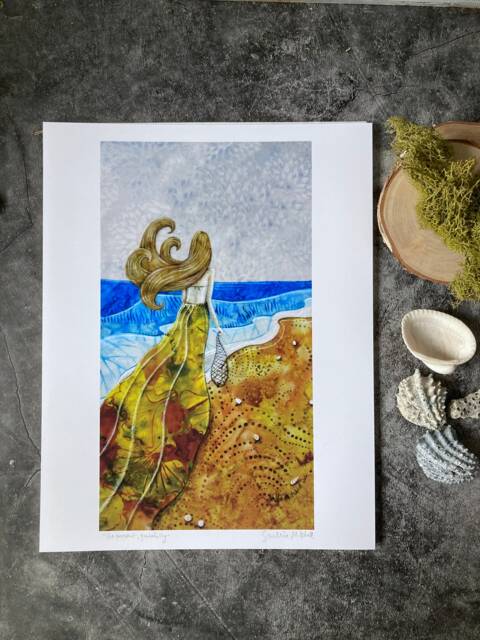 Nautical Beach Decor, Be Present Gratefully, Aqua Blue, Ocean Waves, Gifts For Her, Boho Woman, 8.5 X 11 Archival Print - image 1