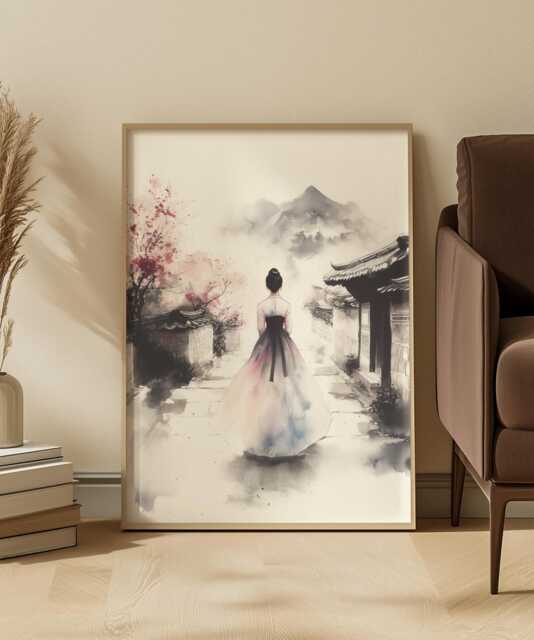 Korean Ink Hanbok Art Print Soft Neutral Quiet Village Scene - image 1