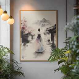 Korean Ink Hanbok Art Print Soft Neutral Quiet Village Scene - thumbnail 3