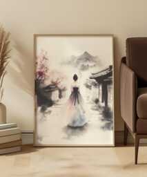 Korean Ink Hanbok Art Print Soft Neutral Quiet Village Scene - thumbnail 1