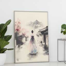Korean Ink Hanbok Art Print Soft Neutral Quiet Village Scene - thumbnail 2