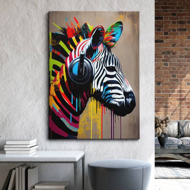 Zebra Wearing Headphones Abstract Oil Painting Canvas Art Funky Wall Art, Framed Poster Print, Home/Office Room Decor, Gifts - image 1