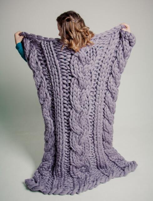 Hand Knit Chunky Merino Wool Cable Blanket, Mild Grey Throw - image 1
